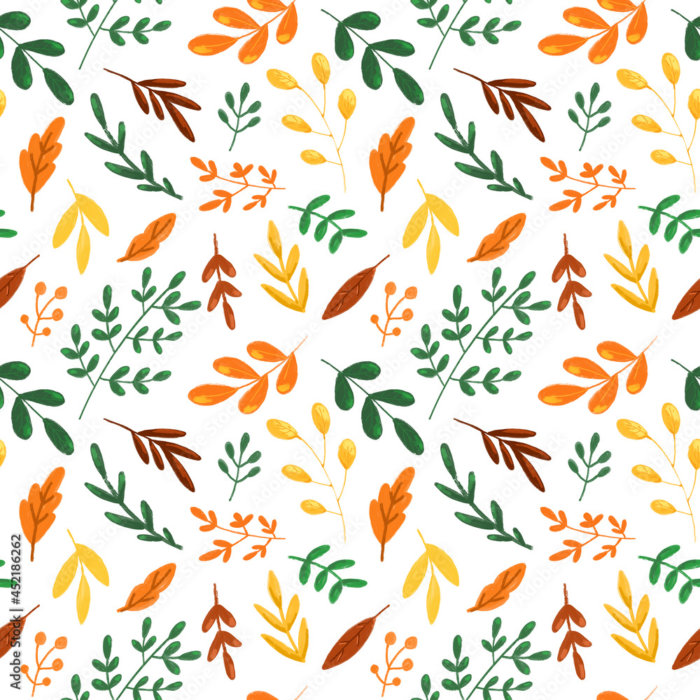 Autumn leaves on white background seamless pattern. Fall botanical repeat print. Hand drawn in cartoon style leaves ornament for textile, wallpaper, wrapping paper, design and decoration. Autumn leaves on white background seamless pattern. Fall botanical repeat print. Hand drawn in cartoon style leaves ornament for textile, wallpaper, wrapping paper, design and decoration.