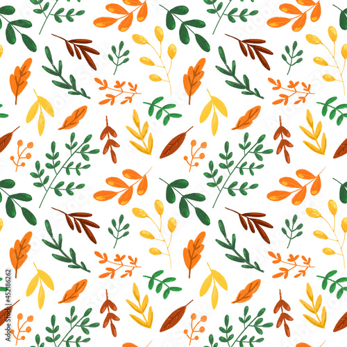 Autumn leaves on white background seamless pattern. Fall botanical repeat print. Hand drawn in cartoon style leaves ornament for textile, wallpaper, wrapping paper, design and decoration.