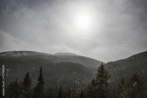 A misty, wide shot of a landscape with snow on winter mountains and pine trees