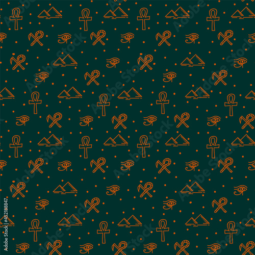 Egyptian pattern with gold elements. Ancient Egypt, symbols of the power of the pharaohs and gods. Vector background with Egyptian pyramids and sphinx. Vector illustration