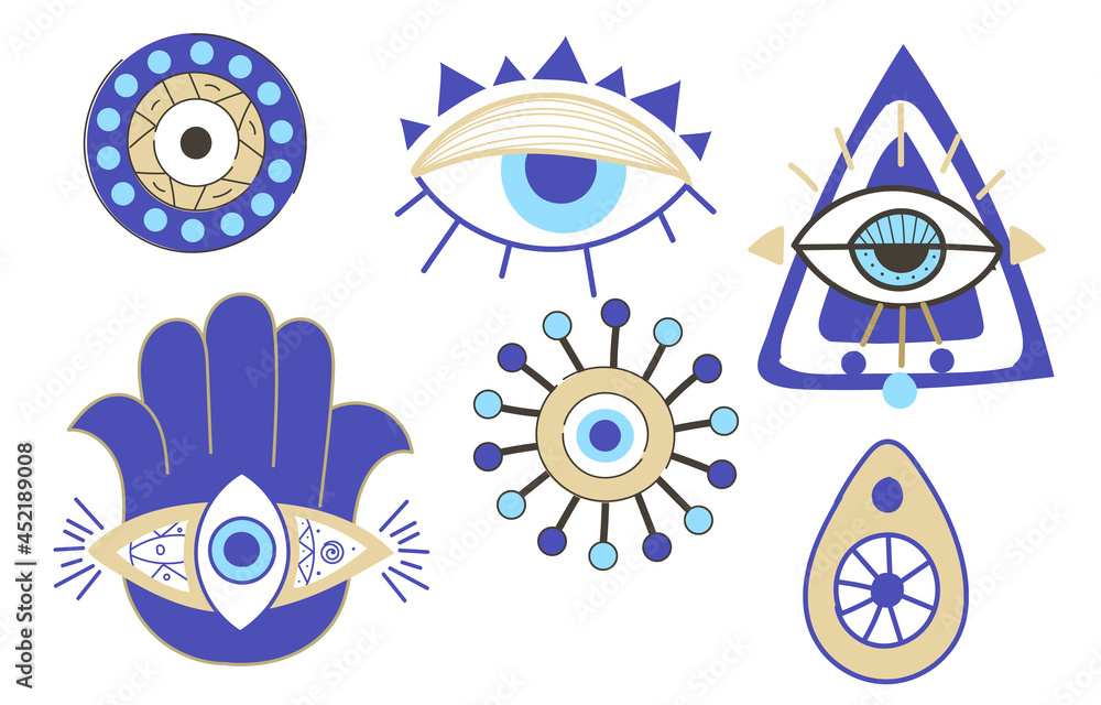 Evil eye collection. Set of amulets for protection of person and house. Stickers and design elements for religious banners, posters and postcards. Modern flat vector set isolated on white background