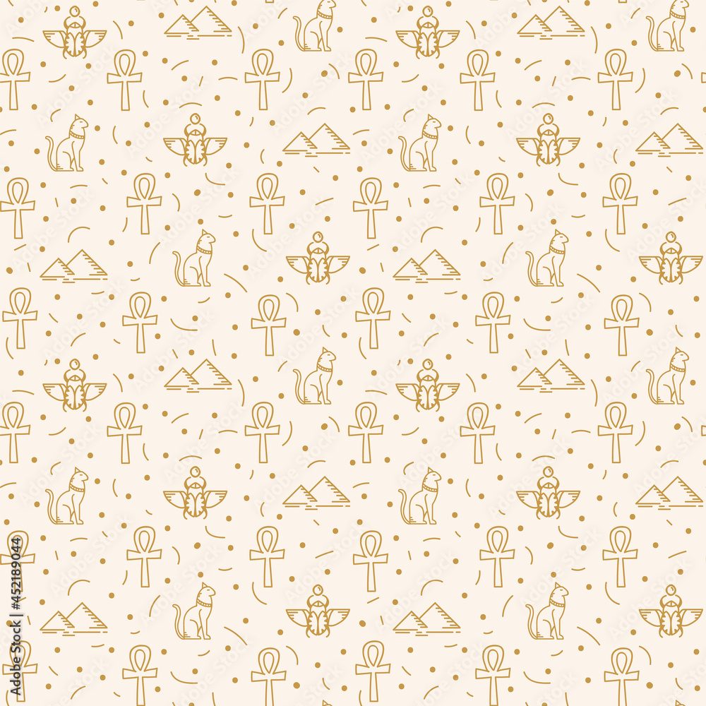 A pattern with Egyptian elements and icons. Mythological motifs of ancient Egypt with Gods in the doodle style. Vector substrate for textiles with Egyptian motifs. Vector illustration