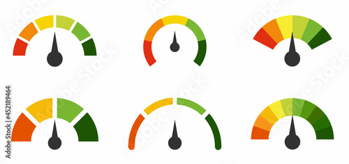 Speedometers set. Speedometer, tachometer, indicator icons.Symbols of speed score measuring tachometer level indices. Vector illustration.