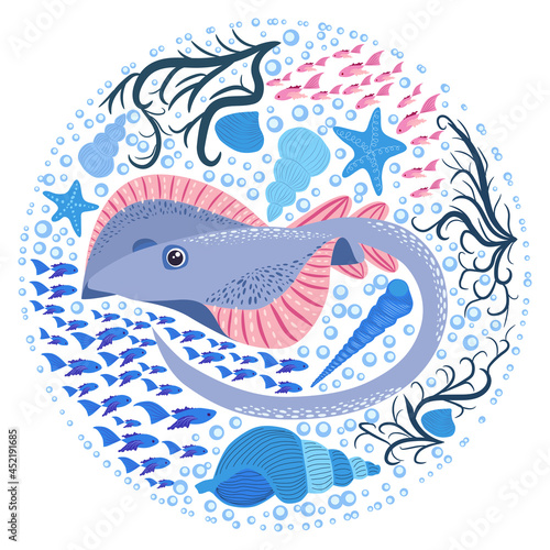 Ramp fish head magnified sea animal wildlife character illustration. Nature underwater ramp skate marine wild ocean zoo electric fish.
