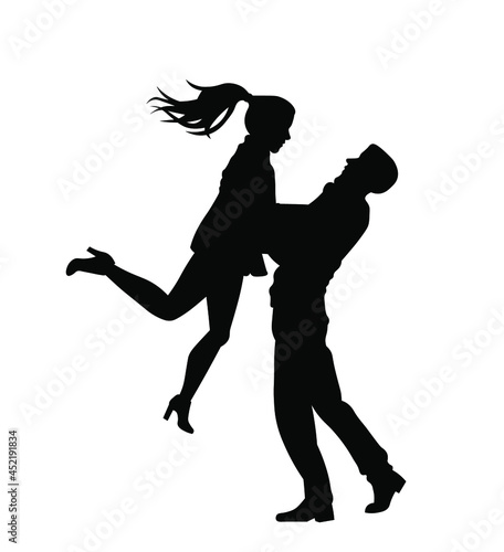 Happy romantic couple silhouette vector illustration. Man lifting up woman. Valentine s day concept