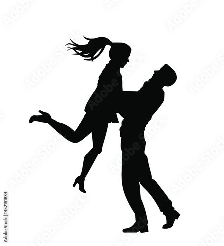Happy romantic couple silhouette vector illustration. Man lifting up woman. Valentine's day concept