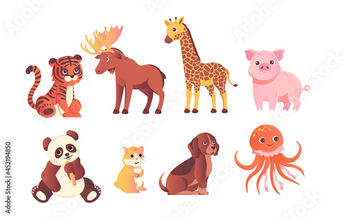 Wild baby animals set. Cute characters inhabitants of forests, jungles and savannas. Stickers for posters, fabric printing and wall decoration. Cartoon flat vector collection on white background