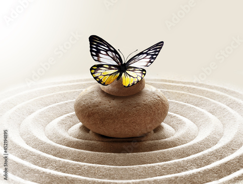 zen garden meditation stone background and butterfly with stone and circles in sand for relaxation balance and harmony