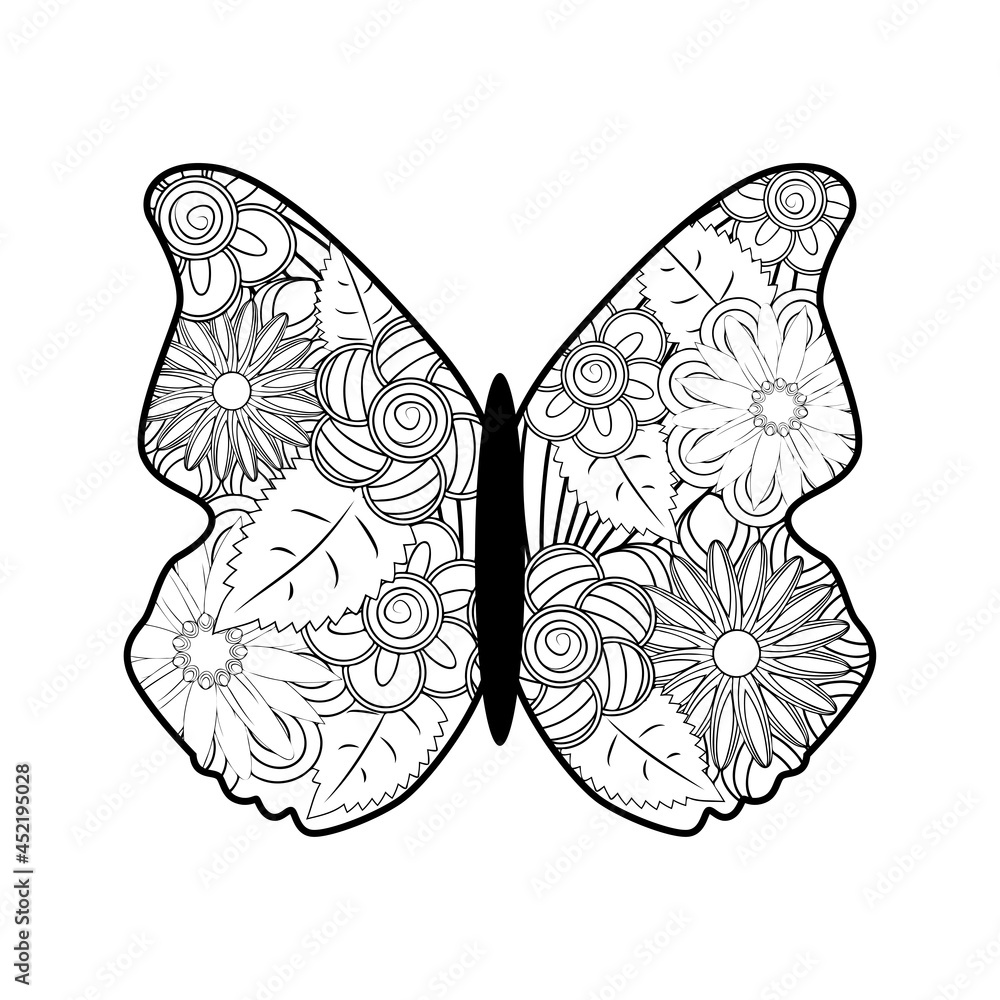 Hand drawn zentangle butterfly illustration. Decorative abstract doodle design element