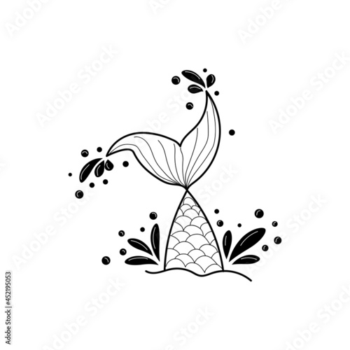 Hand drawn silhouette of mermaid's tail. illustration isolated on white background. Graphic tattoo.