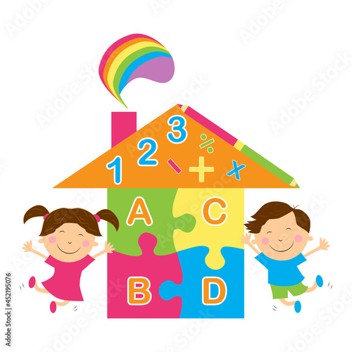 Playgroup, preschool, kindergarten logo template. Play group, preschool, children education, kindergarten logo template. House