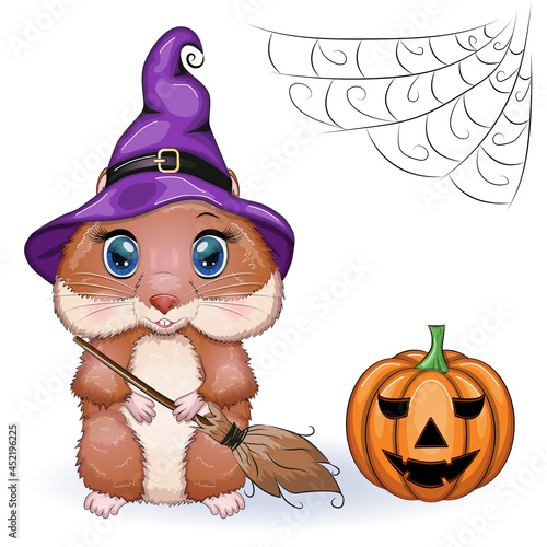 Cute cartoon hamster wearing wizard hat with broom and pumpkins, halloween holiday character