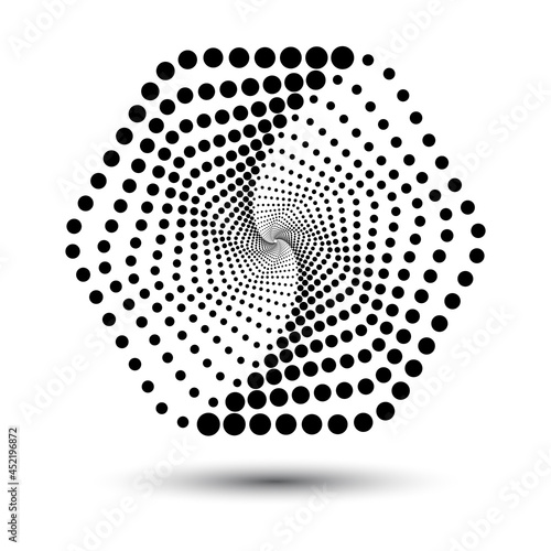 Modern abstract background. Halftone dots in hexagone form. Round logo. Vector dotted frame. Design element or icon.