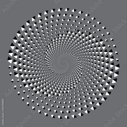 Circle with halftone black and white triangles as background or logo or icon. Optical illusion effect.