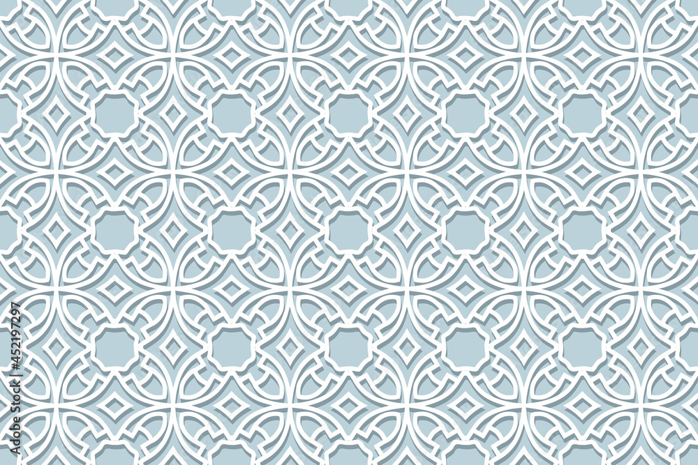 Geometric volumetric convex ethnic white 3D pattern. Embossed blue background in oriental, indonesian, asian styles. Elegant arabesque, lace texture, paper cut ornament. Geometric volumetric convex ethnic white 3D pattern. Embossed blue background in oriental, indonesian, asian styles. Elegant arabesque, lace texture, paper cut ornament.