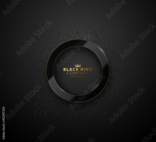 Engraved elegant monoline monogram with glossy black ring design template. Vector heraldic illustration. Geometric calligraphic logo frame. Luxury ornament line sign, Restaurant, Boutique, Cafe, Hotel