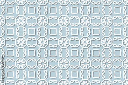 Geometric volumetric convex ethnic white 3D pattern. Embossed blue background in oriental, indonesian, asian styles. Original arabesque, lace texture, paper cut ornament.