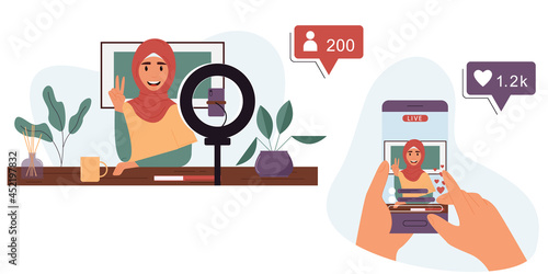 Muslim woman is broadcasting live on a smartphone.Popular blogger concept.Vector illustration of cartoon character  live streaming the vlog. Flat design