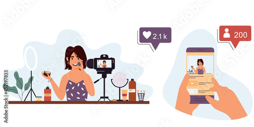 Young woman beauty blogger records a video review on cosmetics.Video blog, product review, Internet marketing.Hands holding a smartphone with a blogger on the screen.Vector isolated illustration.Eps10