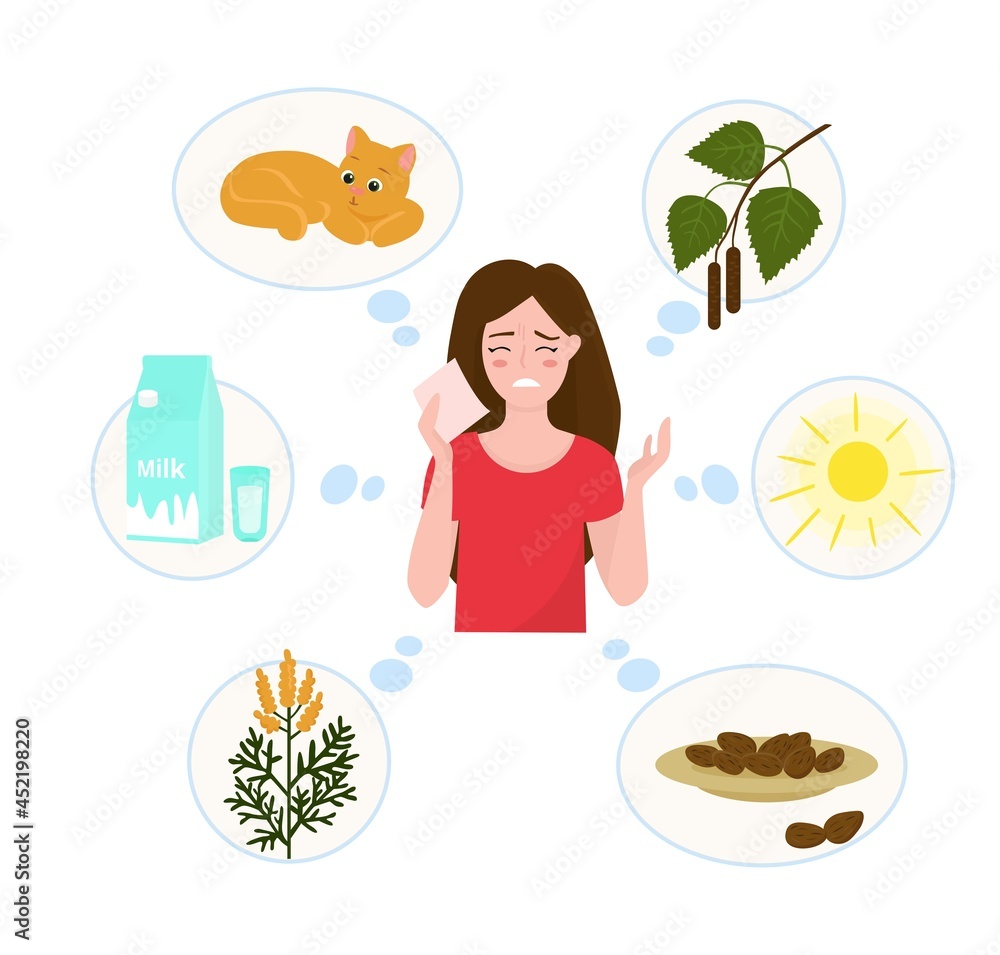 Allergy concept. Vector illustration. The girl has an allergic reaction