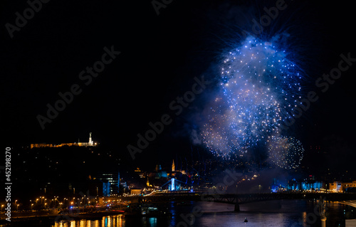 Fireworks over Danube river, Budapest
