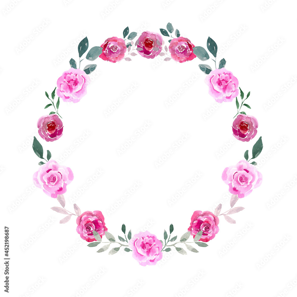 Watercolor floral wreath of pink roses and greenery. Round frame for text, photos, etc.