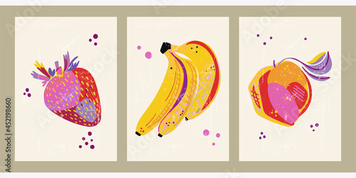 Vintage illustration of fruits in vintage style. Set of three posters for menu design, restaurant decor, grocery stores. Minimalist background with strawberry, banana, peach, gradient, grain texture.