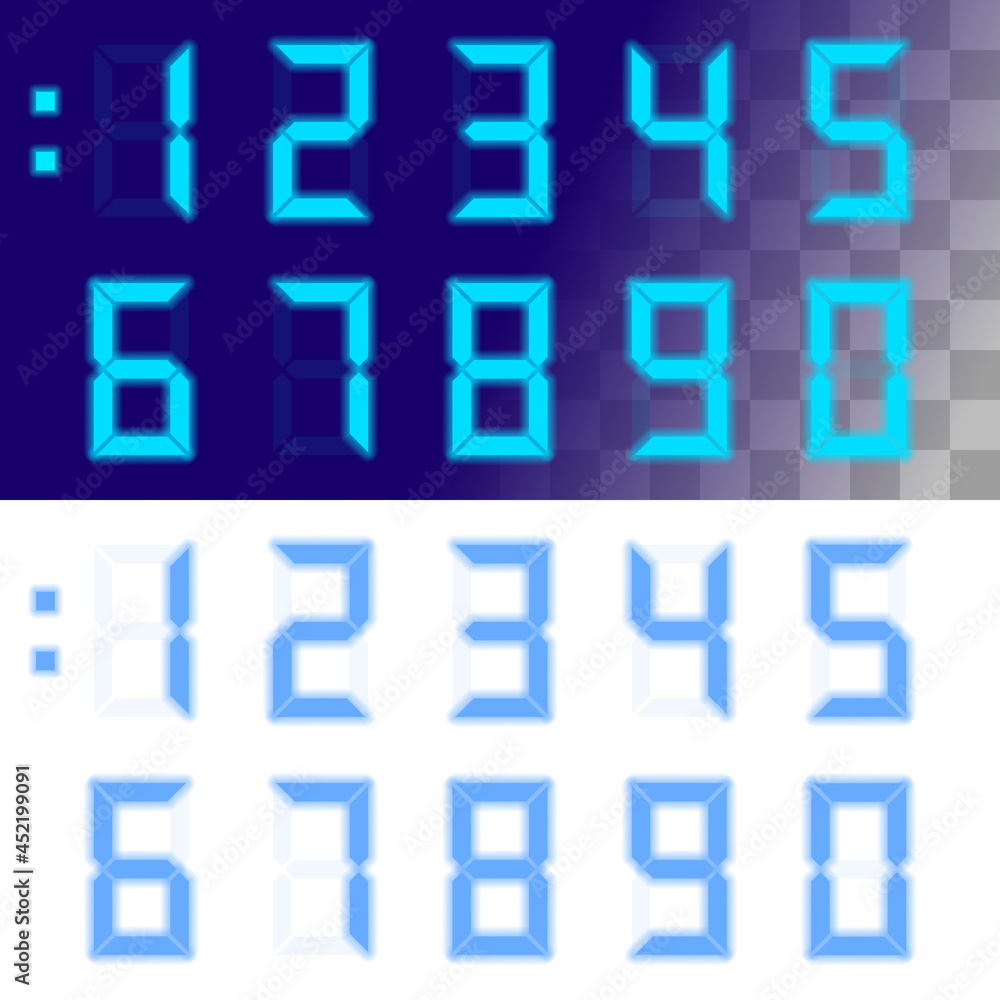 Calculator Digital Numbers on White and Dark-Blue Background with Transparent Effect. Electronic Figures for Interface Design Different Types of Devices - obrazy, fototapety, plakaty 