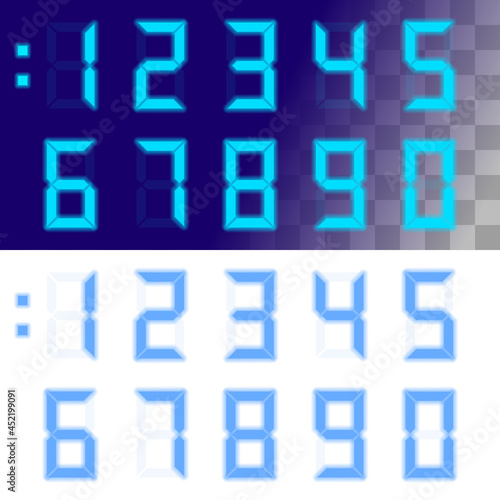 Fototapeta Naklejka Na Ścianę i Meble -  Calculator Digital Numbers on White and Dark-Blue Background with Transparent Effect. Electronic Figures for Interface Design Different Types of Devices