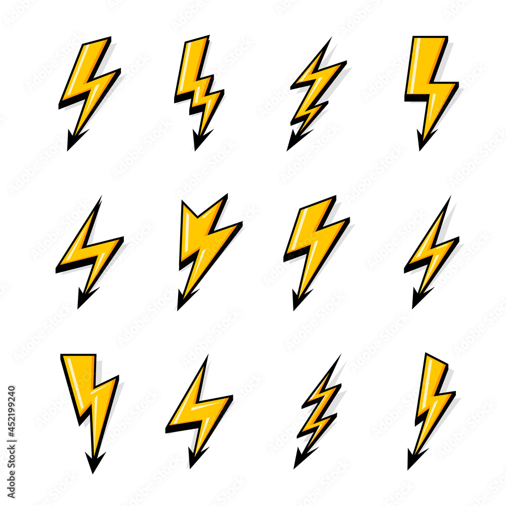 Yellow Lightning Bolt Icons Isolated on White Background. Simple Icon Storm or Thunder and Lightning strike. Flash Symbol, Thunderbolt. Simple Cartoon Lightning Strike Sign Yellow Lightning Bolt Icons Isolated on White Background. Simple Icon Storm or Thunder and Lightning strike. Flash Symbol, Thunderbolt. Simple Cartoon Lightning Strike Sign