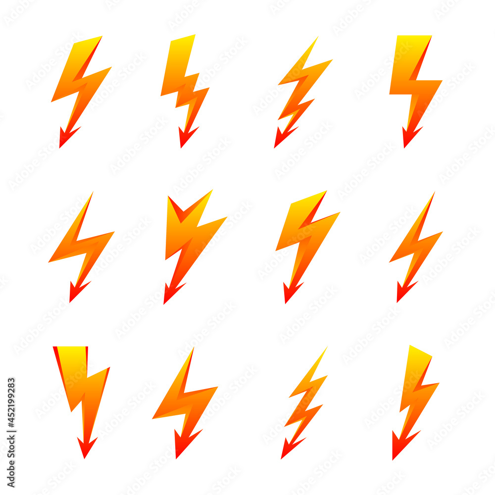 Yellow Lightning Bolt Icons Isolated on White. Simple Icon Storm or Thunder and Lightning strike. Flash Symbol, Thunderbolt. Simple Cartoon Lightning Strike Sign Yellow Lightning Bolt Icons Isolated on White. Simple Icon Storm or Thunder and Lightning strike. Flash Symbol, Thunderbolt. Simple Cartoon Lightning Strike Sign