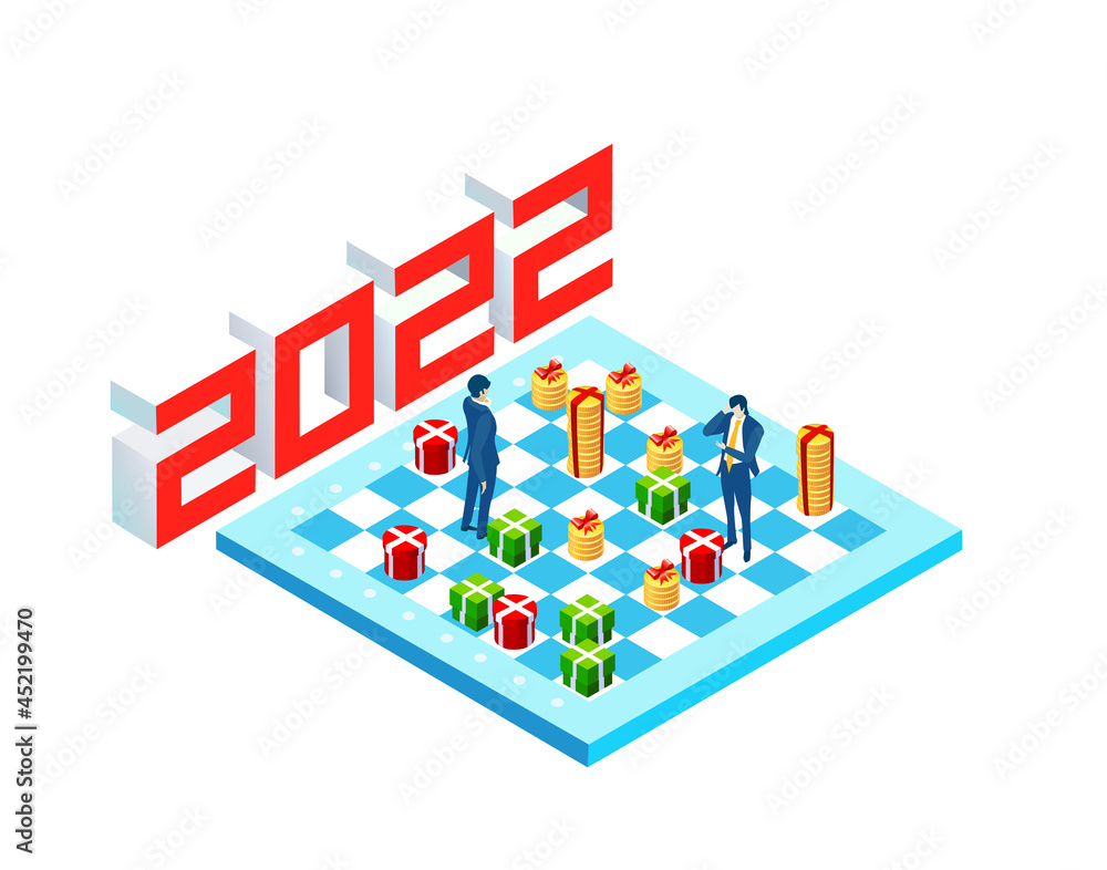 Chess board and business people playing with gifts and money. Isometric environment design with lots of business people. Christmas in office Chess board and business people playing with gifts and money. Isometric environment design with lots of business people. Christmas in office