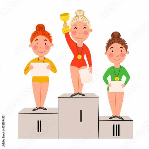 The winning children standing on the podium. Girls with diplomas and medals. Vector illustration in a flat style isolated on a white background