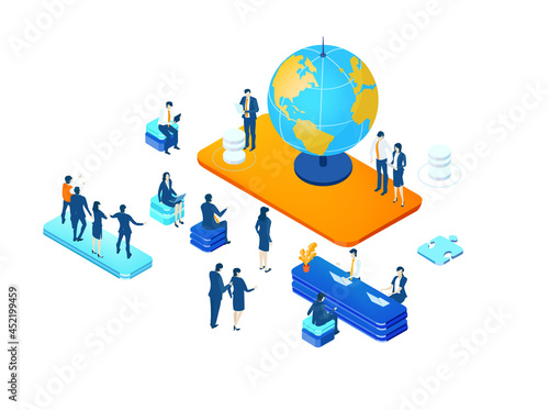 Isometric environment design with lots of business people working in office, solving problems, finding solutions, bankers, lawyers, office managers, sales fool and creative people. Global business