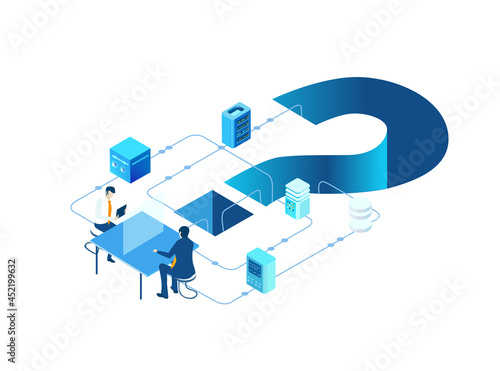 Big question mark. Isometric environment design with  business people discussing new data. Solving problems, improving working progress, working together business concept illustration