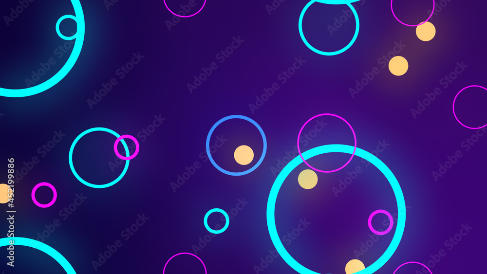 3D rendering of glowing multi-colored circles in space located at different distances from each other