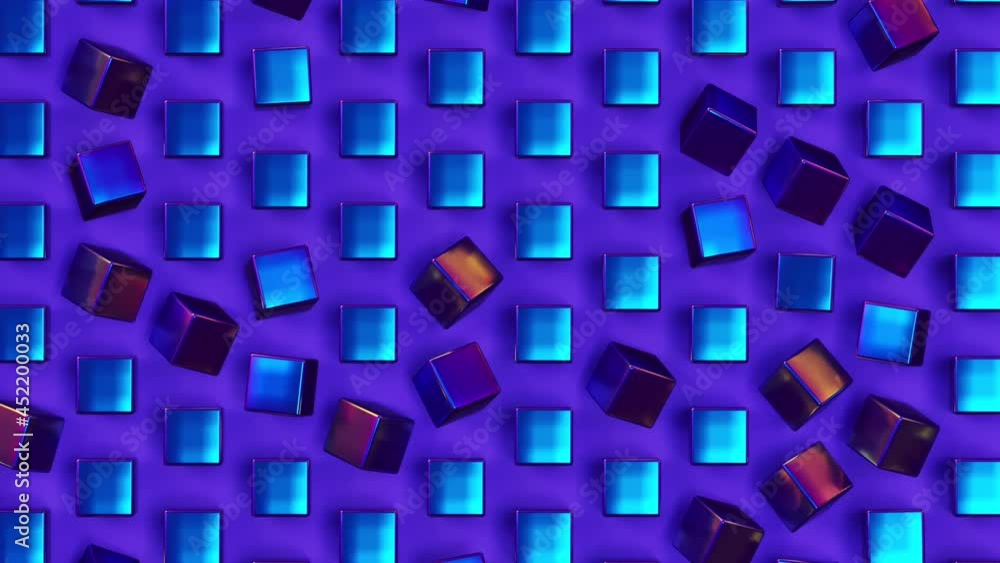 Moving holographic blue cubes on violet background, trendy minimal 3d looping animation, creative geometric pattern with square shapes, surreal modern contemporary bright backdrop Moving holographic blue cubes on violet background, trendy minimal 3d looping animation, creative geometric pattern with square shapes, surreal modern contemporary bright backdrop
