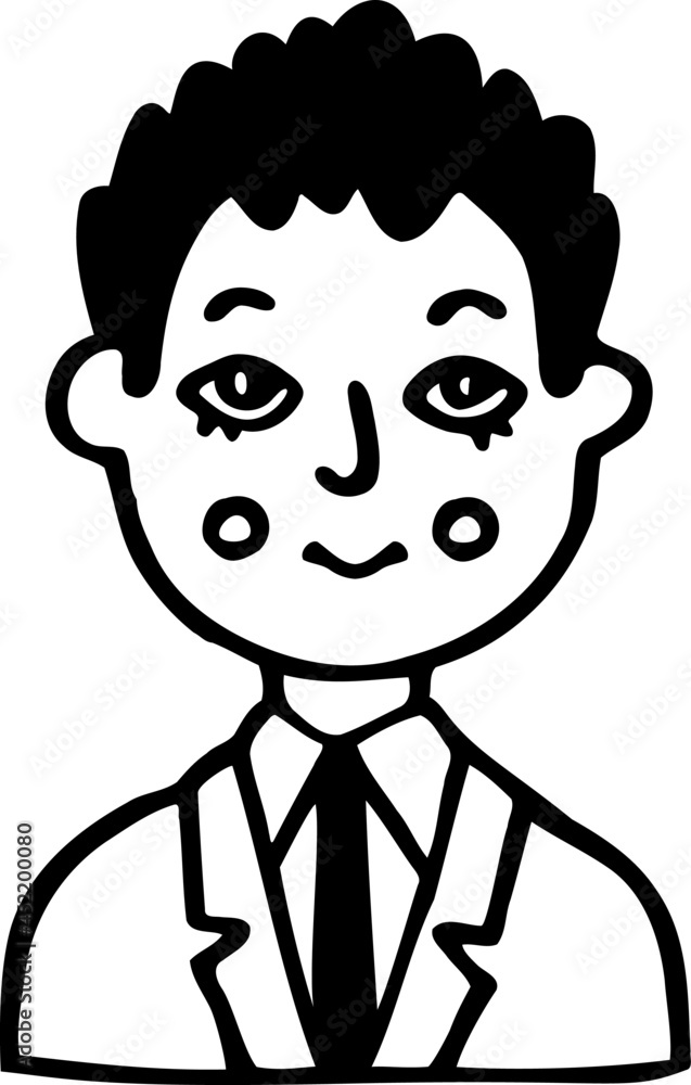 Young male college student. Doodle avatar of guy dressed in uniform light suit, white shirt, black tie. Hand-drawn portrait of black-haired man. Cute icon of kind person. Vector cartoon illustration.