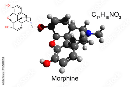 Konstfotografi Chemical formula, skeletal formula and 3D ball-and-stick model of opioid morphin