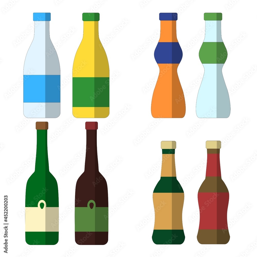 Set of isolated colourful vector bottles with drinks Set of isolated colourful vector bottles with drinks