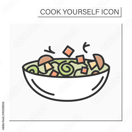 Vegetable salad color icon.Veggie fresh salad with mushrooms and mozzarella in a bowl. Homemade healthy lunch or dinner. Diet and vegetarian recipe. Isolated vector illustration