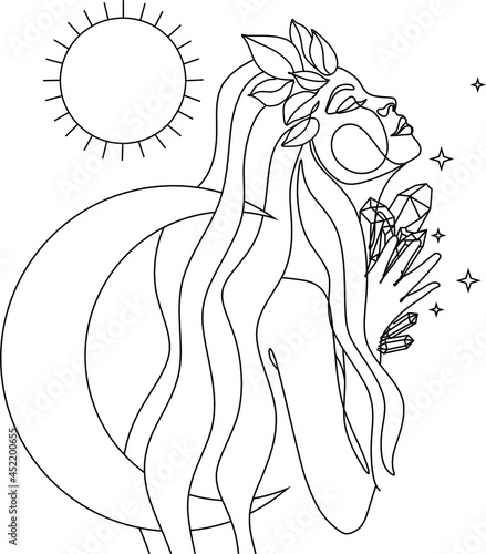 Mystical woman with crystals line