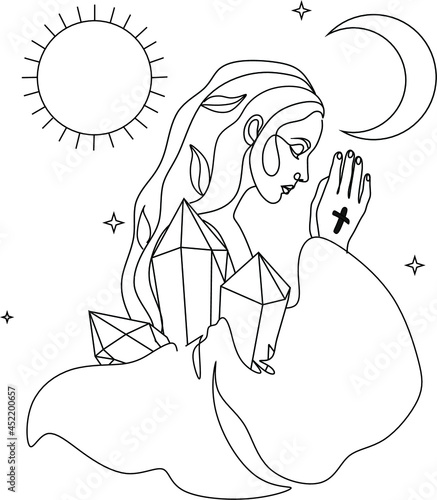 Mystical woman with crystals line