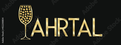 Ahrtal Schriftzug in Gold auf schwarz mit Weinglas Silhouette, logo, symbol, luxuriös glänzend