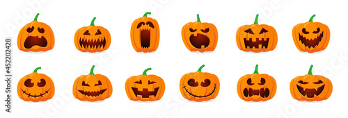 Halloween monster jack lantern orange pumpkin carved glowing scary face set on white background. Holiday cartoon character emotions collection for celebration designs. Vector evil spooky illustration