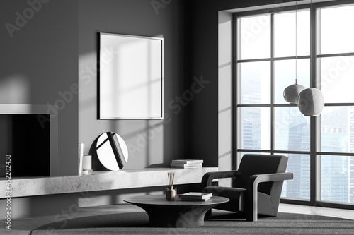 Dark living room interior with white empty poster, panoramic window © ImageFlow