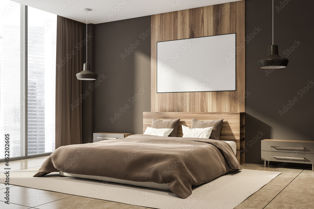 Bedroom interior with large bed, empty poster, panoramic window, bedsides