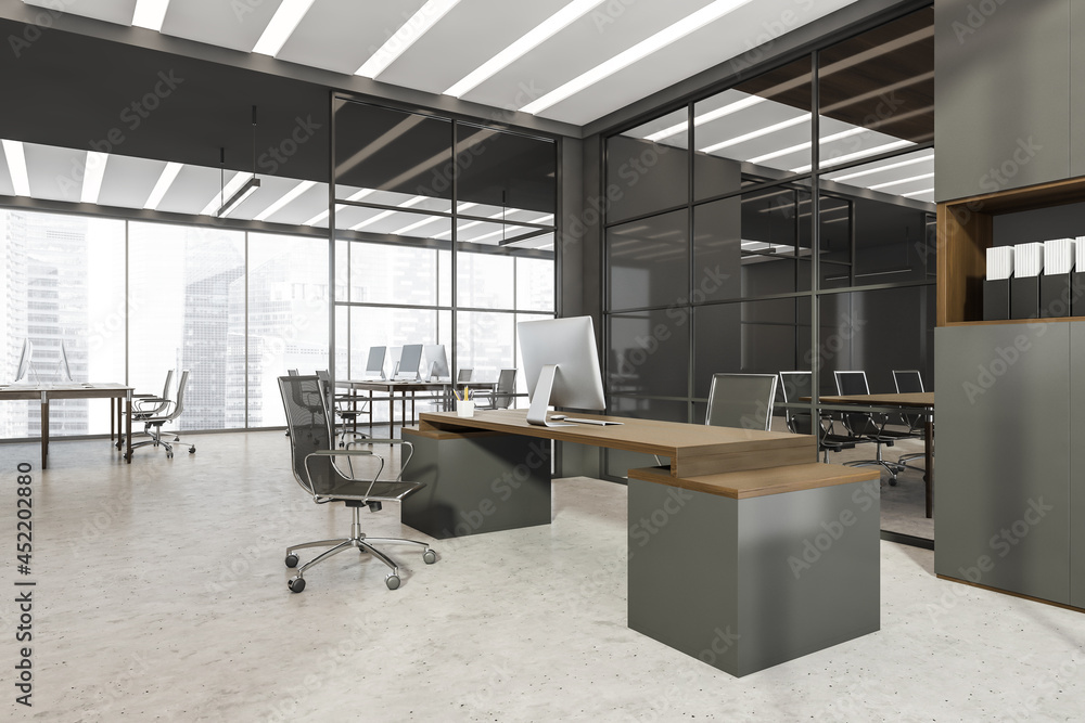 Panoramic glass CEO office area of workspace with grey furniture