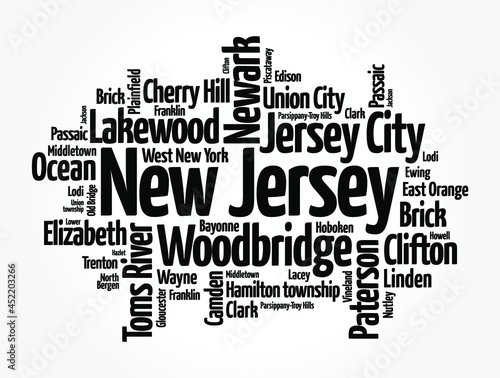 List of cities in New Jersey USA state, word cloud concept background photo