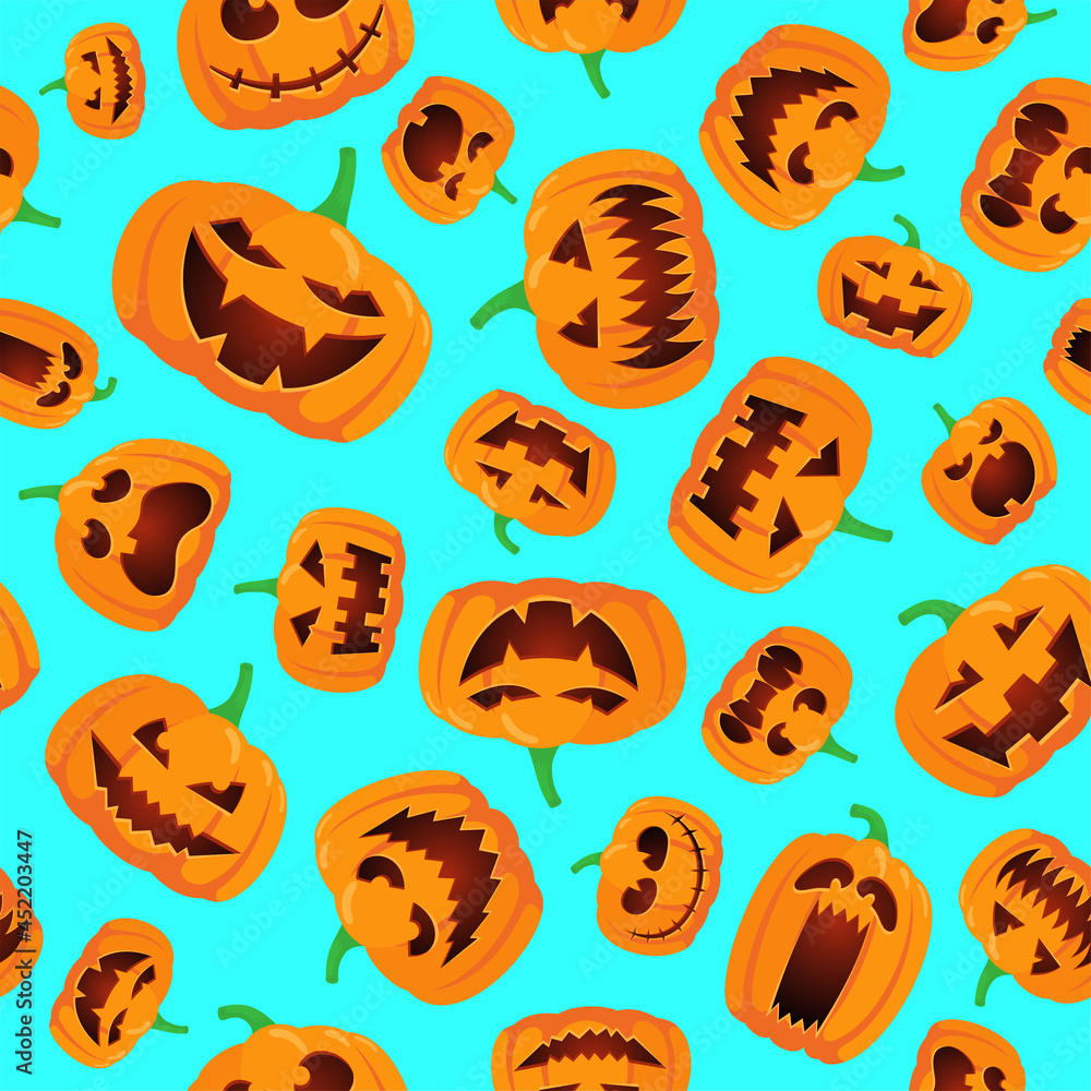 Seamless Halloween pattern with happy jack lantern orange carved glowing scary pumpkins on blue background. Holiday vector eps celebration design illustration Seamless Halloween pattern with happy jack lantern orange carved glowing scary pumpkins on blue background. Holiday vector eps celebration design illustration